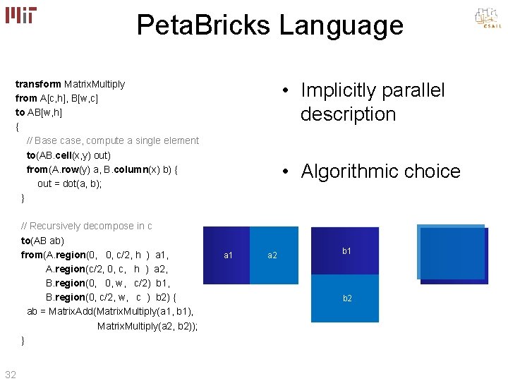 Peta. Bricks Language transform Matrix. Multiply from A[c, h], B[w, c] to AB[w, h]