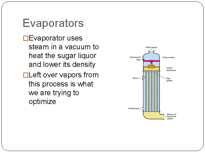 Evaporators �Evaporator uses steam in a vacuum to heat the sugar liquor and lower