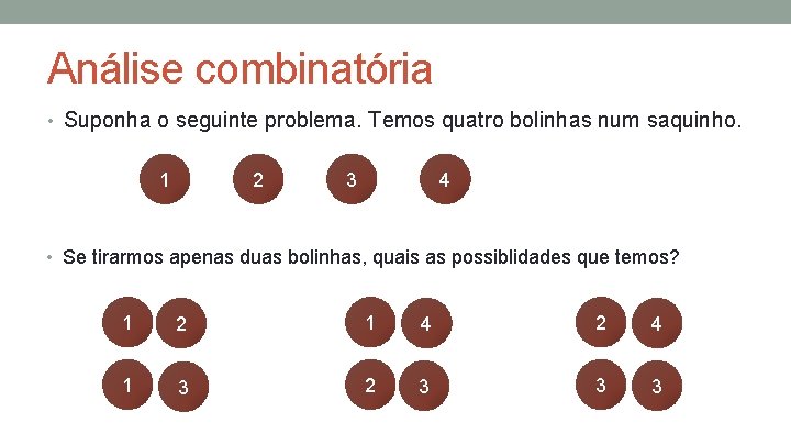 Análise combinatória • Suponha o seguinte problema. Temos quatro bolinhas num saquinho. 1 2