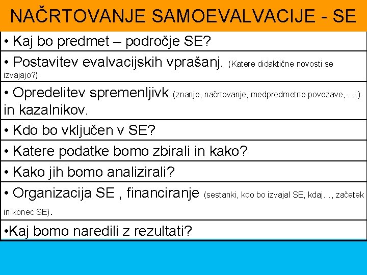 NAČRTOVANJE SAMOEVALVACIJE - SE • Kaj bo predmet – področje SE? • Postavitev evalvacijskih