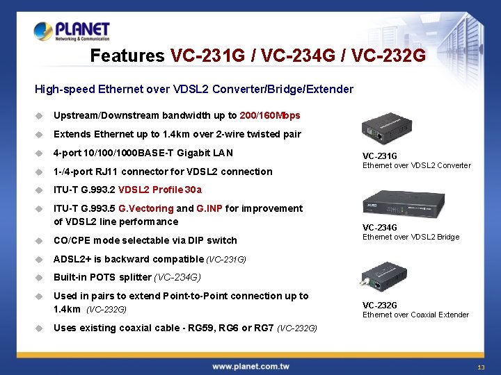 Features VC-231 G / VC-234 G / VC-232 G High-speed Ethernet over VDSL 2