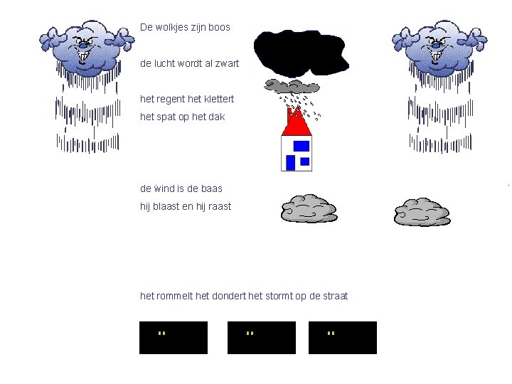 De wolkjes zijn boos de lucht wordt al zwart het regent het klettert het