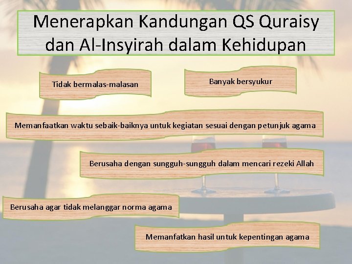 Menerapkan Kandungan QS Quraisy dan Al-Insyirah dalam Kehidupan Banyak bersyukur Tidak bermalas-malasan Memanfaatkan waktu