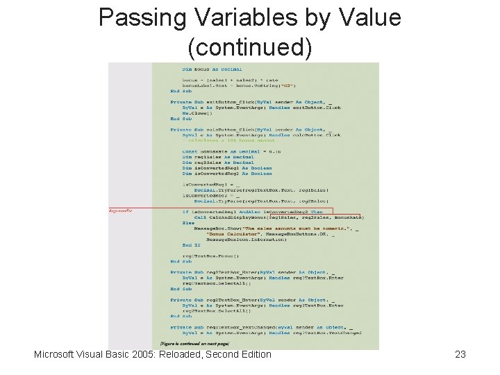 Passing Variables by Value (continued) Microsoft Visual Basic 2005: Reloaded, Second Edition 23 