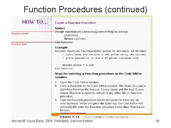 Function Procedures (continued) Microsoft Visual Basic 2005: Reloaded, Second Edition 38 