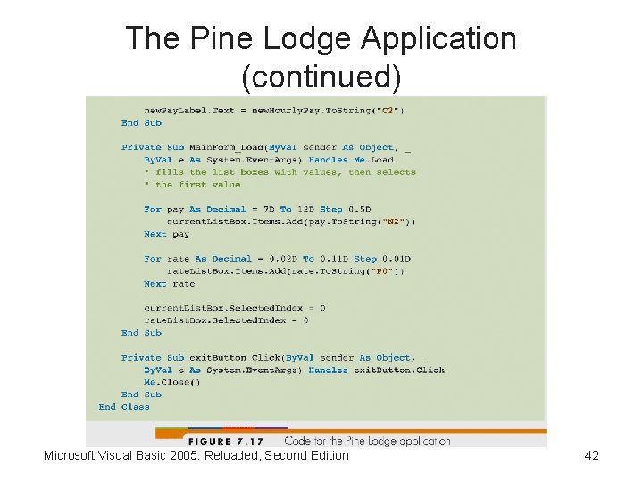 The Pine Lodge Application (continued) Microsoft Visual Basic 2005: Reloaded, Second Edition 42 