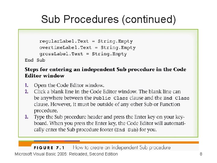 Sub Procedures (continued) Microsoft Visual Basic 2005: Reloaded, Second Edition 8 
