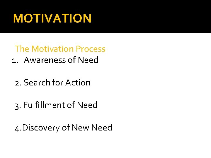 MOTIVATION The Motivation Process 1. Awareness of Need 2. Search for Action 3. Fulfillment MOTIVATION The Motivation Process 1. Awareness of Need 2. Search for Action 3. Fulfillment