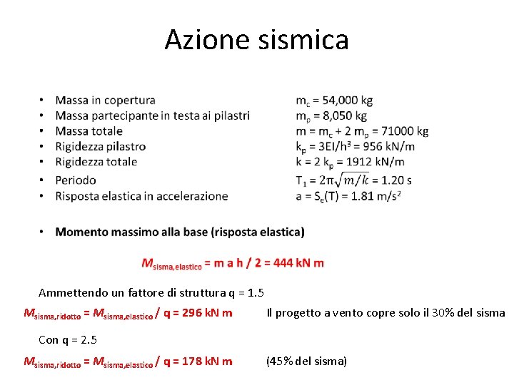 Azione sismica Ammettendo un fattore di struttura q = 1. 5 Msisma, ridotto =