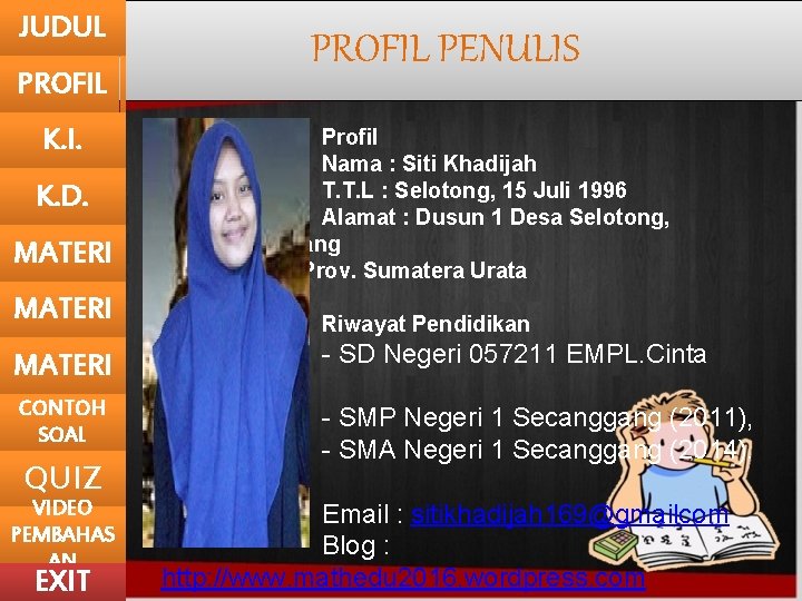 JUDUL PROFIL K. I. K. D. MATERI PROFIL PENULIS Profil Nama : Siti Khadijah