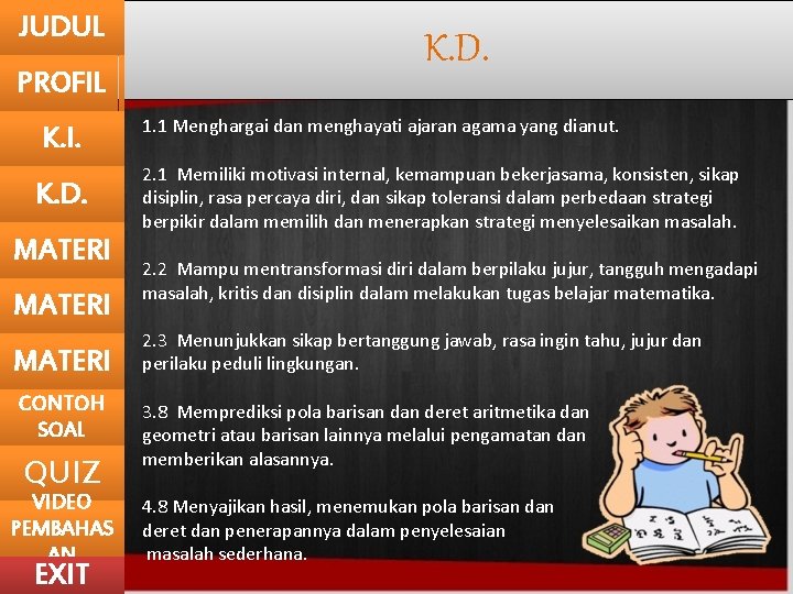 JUDUL PROFIL K. I. K. D. MATERI CONTOH SOAL QUIZ VIDEO PEMBAHAS AN EXIT