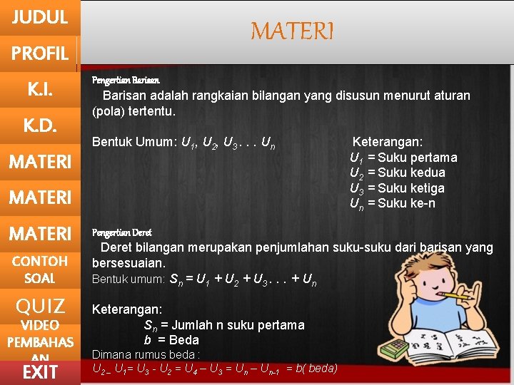 JUDUL MATERI PROFIL K. I. K. D. Pengertian Barisan adalah rangkaian bilangan yang disusun