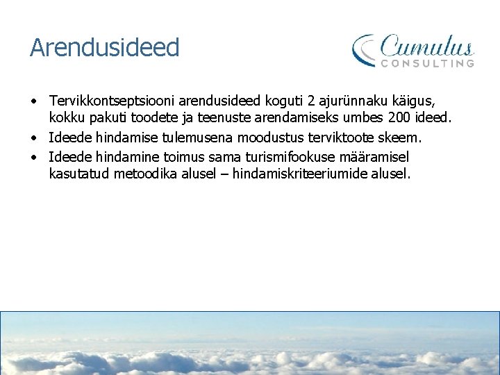 Arendusideed • Tervikkontseptsiooni arendusideed koguti 2 ajurünnaku käigus, kokku pakuti toodete ja teenuste arendamiseks
