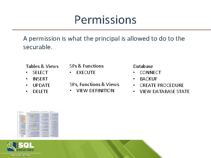 Permissions A permission is what the principal is allowed to do to the securable.