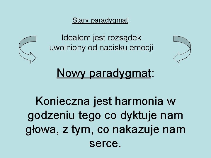 Stary paradygmat: Ideałem jest rozsądek uwolniony od nacisku emocji Nowy paradygmat: Konieczna jest harmonia