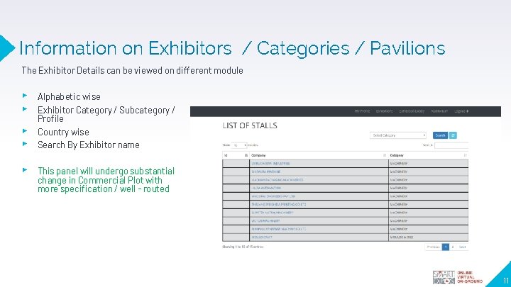 Information on Exhibitors / Categories / Pavilions The Exhibitor Details can be viewed on