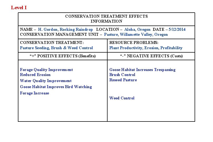 Level I CONSERVATION TREATMENT EFFECTS INFORMATION NAME – H. Gordon, Rocking Raindrop LOCATION –