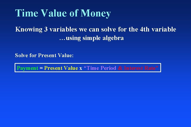Time Value of Money Knowing 3 variables we can solve for the 4 th