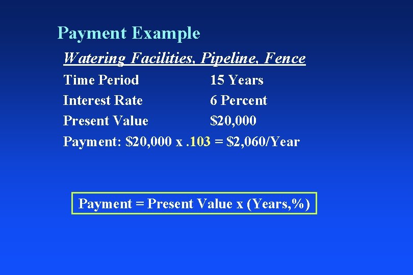 Payment Example Watering Facilities, Pipeline, Fence Time Period 15 Years Interest Rate 6 Percent