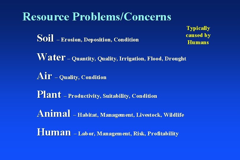 Resource Problems/Concerns Soil – Erosion, Deposition, Condition Typically caused by Humans Water – Quantity,