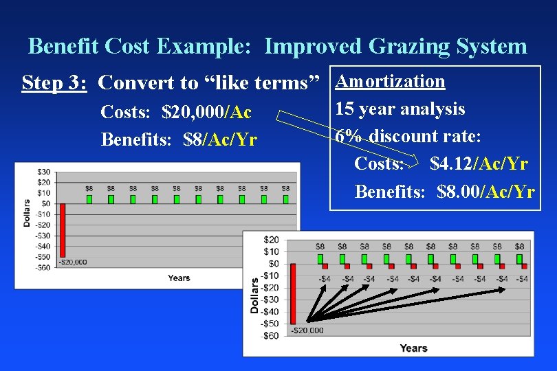 Benefit Cost Example: Improved Grazing System Step 3: Convert to “like terms” Amortization Costs: