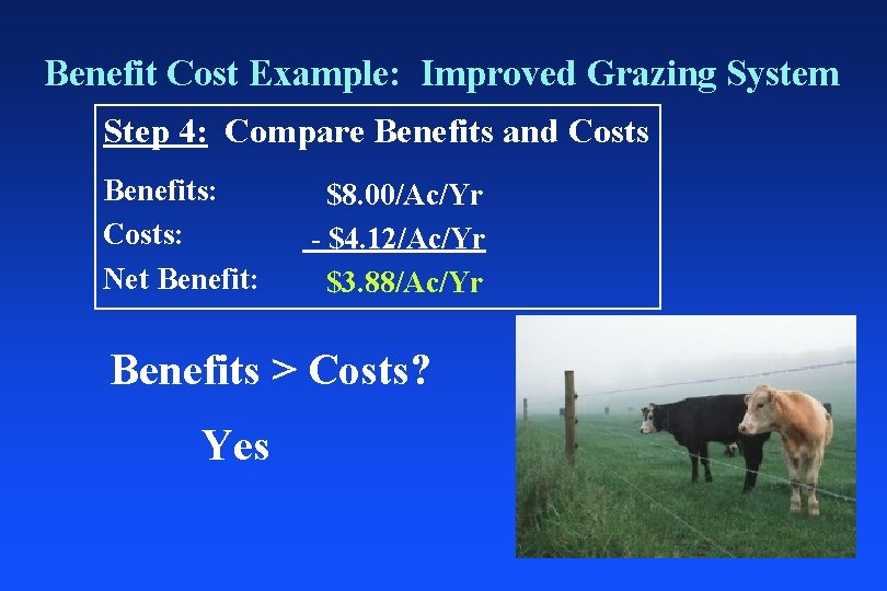 Benefit Cost Example: Improved Grazing System Step 4: Compare Benefits and Costs Benefits: Costs: