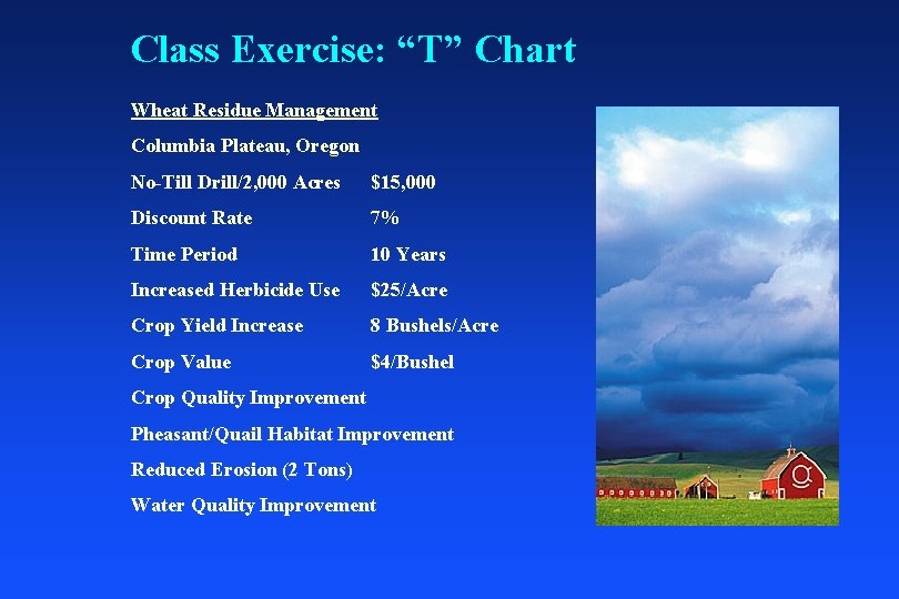 Class Exercise: “T” Chart Wheat Residue Management Columbia Plateau, Oregon No-Till Drill/2, 000 Acres