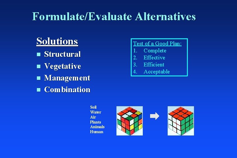 Formulate/Evaluate Alternatives Solutions n n Structural Vegetative Management Combination Soil Water Air Plants Animals