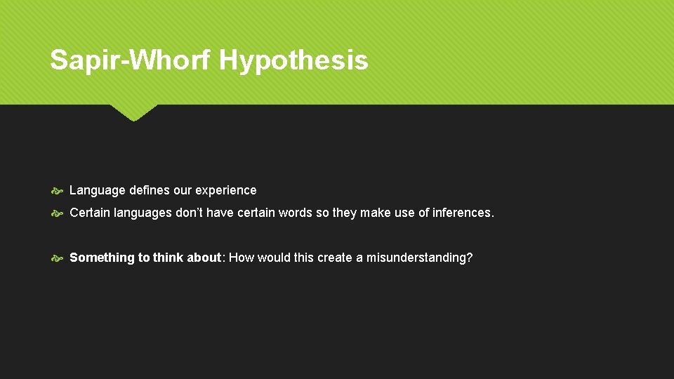 Sapir-Whorf Hypothesis Language defines our experience Certain languages don’t have certain words so they Sapir-Whorf Hypothesis Language defines our experience Certain languages don’t have certain words so they