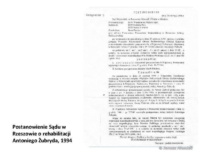 Postanowienie Sądu w Rzeszowie o rehabilitacji Antoniego Żubryda, 1994 24 