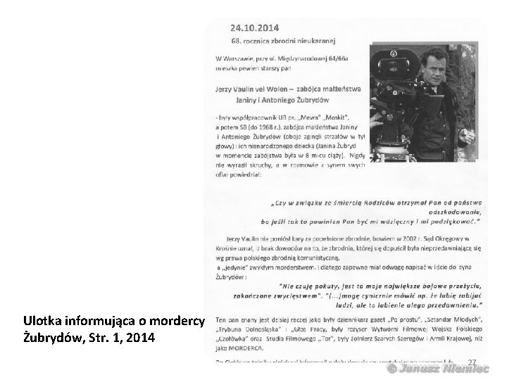 Ulotka informująca o mordercy Żubrydów, Str. 1, 2014 27 
