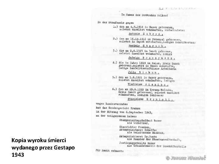 Kopia wyroku śmierci wydanego przez Gestapo 1943 8 