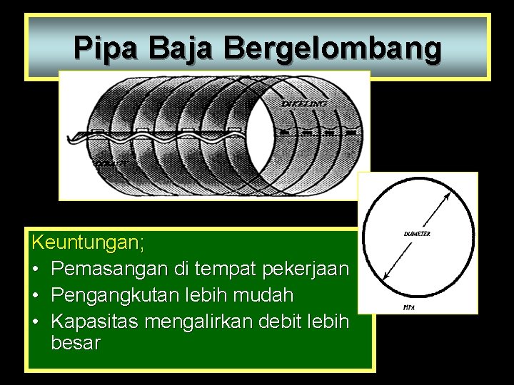 Pipa Baja Bergelombang Keuntungan; • Pemasangan di tempat pekerjaan • Pengangkutan lebih mudah •