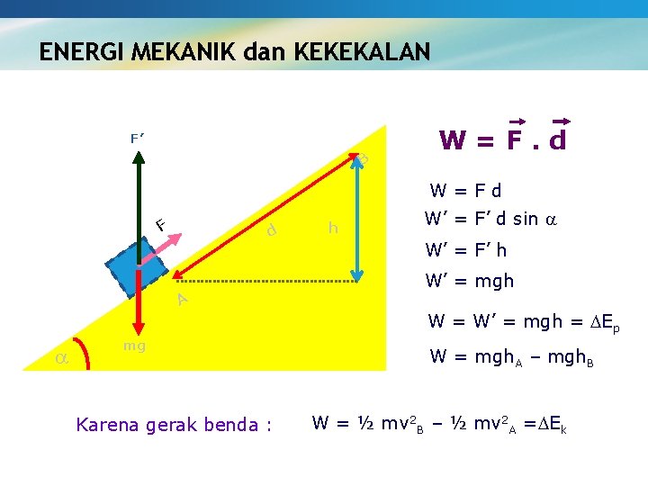 ENERGI MEKANIK dan KEKEKALAN F’ B W=F. d W=Fd F d h W’ =