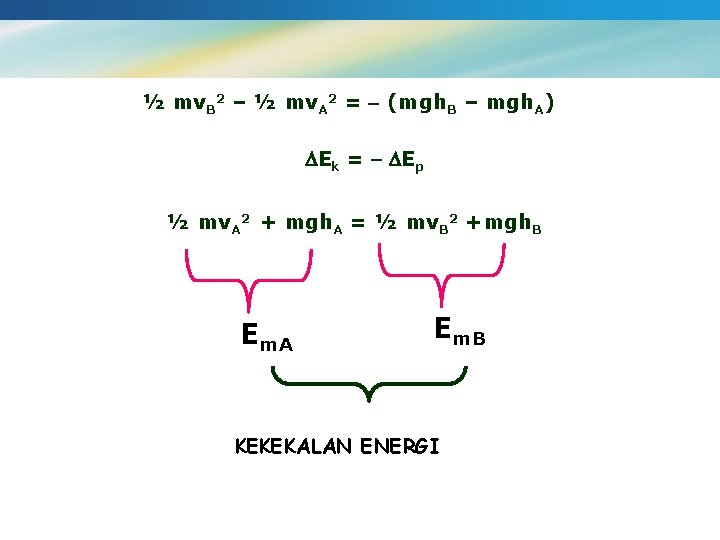 ½ mv. B 2 – ½ mv. A 2 = (mgh. B – mgh.