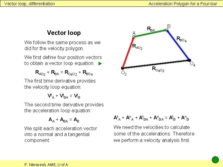 Vector loop, differentiation Acceleration Polygon for a Four-bar Vector loop A We follow the