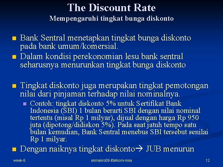 The Discount Rate Mempengaruhi tingkat bunga diskonto n n n Bank Sentral menetapkan tingkat