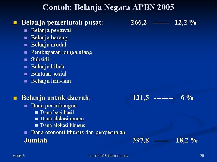 Contoh: Belanja Negara APBN 2005 n Belanja pemerintah pusat: n n n n n