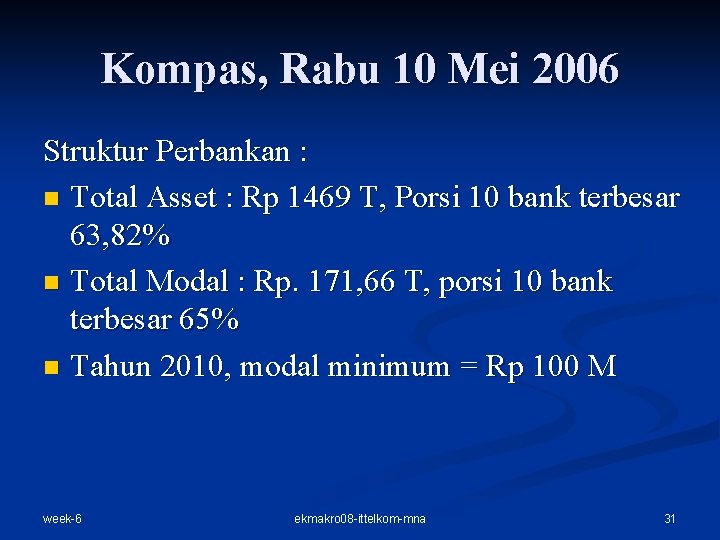 Kompas, Rabu 10 Mei 2006 Struktur Perbankan : n Total Asset : Rp 1469