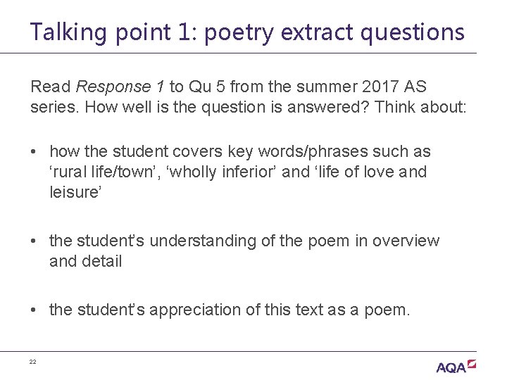 Talking point 1: poetry extract questions Read Response 1 to Qu 5 from the