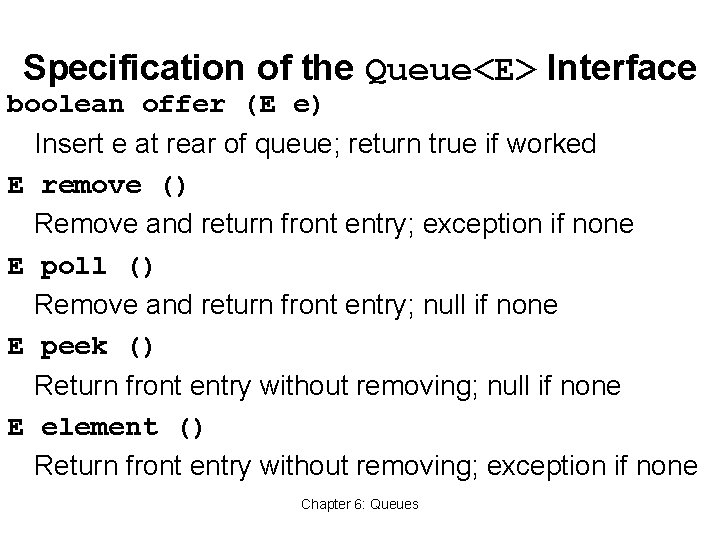 Specification of the Queue<E> Interface boolean offer (E e) Insert e at rear of