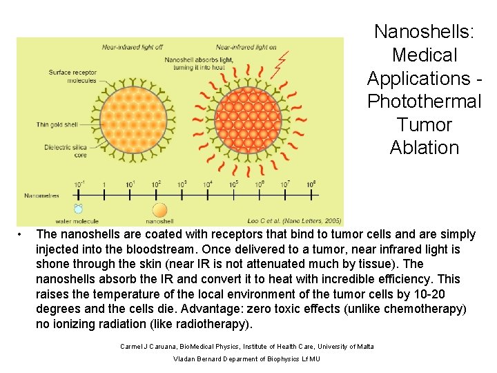 Nanoshells: Medical Applications Photothermal Tumor Ablation • The nanoshells are coated with receptors that