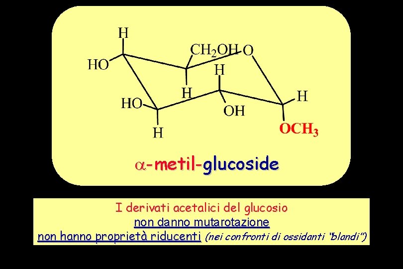  -metil-glucoside I derivati acetalici del glucosio non danno mutarotazione non hanno proprietà riducenti