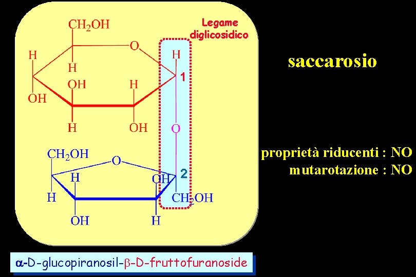 Legame diglicosidico 1 2 -D-glucopiranosil-b-D-fruttofuranoside saccarosio proprietà riducenti : NO mutarotazione : NO 