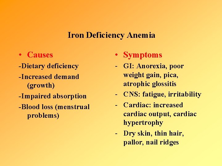 Iron Deficiency Anemia • Causes • Symptoms -Dietary deficiency -Increased demand (growth) -Impaired absorption