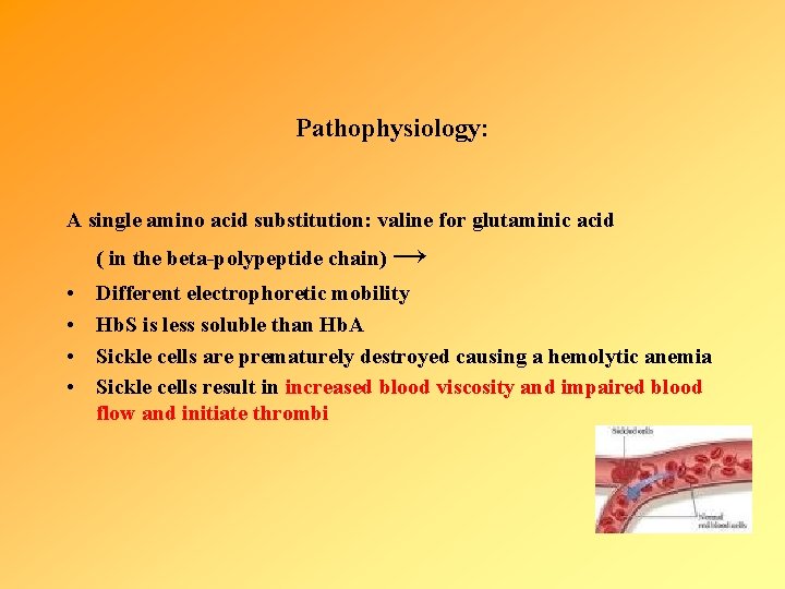 Pathophysiology: A single amino acid substitution: valine for glutaminic acid ( in the beta-polypeptide