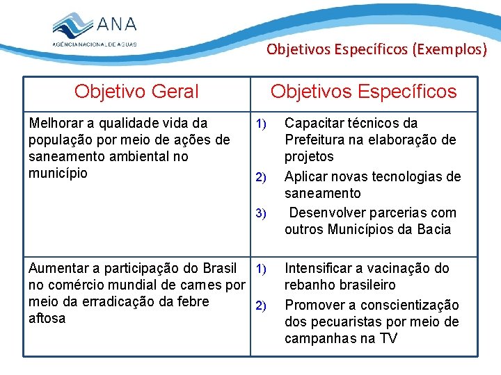 Objetivos Específicos (Exemplos) Objetivo Geral Melhorar a qualidade vida da população por meio de