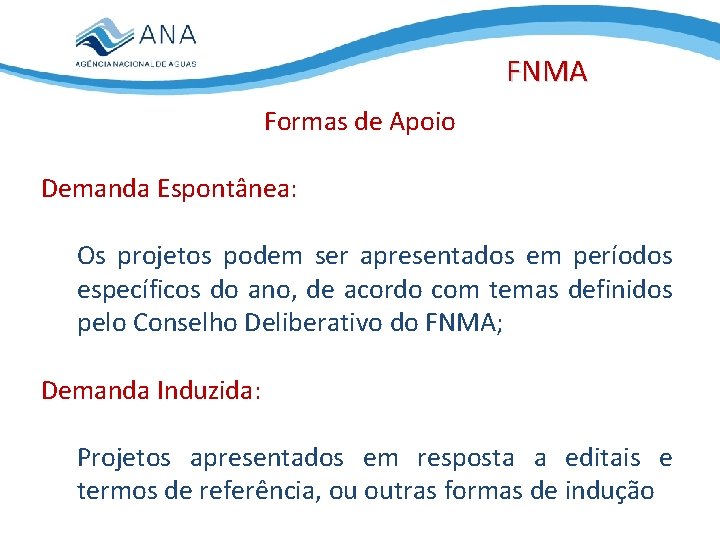 FNMA Formas de Apoio Demanda Espontânea: Os projetos podem ser apresentados em períodos específicos