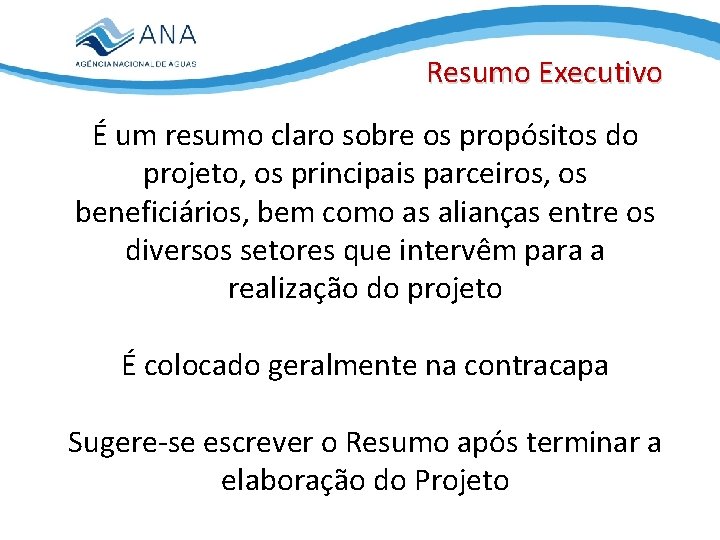 Resumo Executivo É um resumo claro sobre os propósitos do projeto, os principais parceiros,