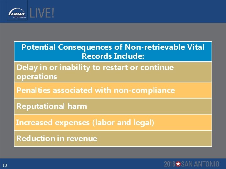 Potential Consequences of Non-retrievable Vital Records Include: Delay in or inability to restart or